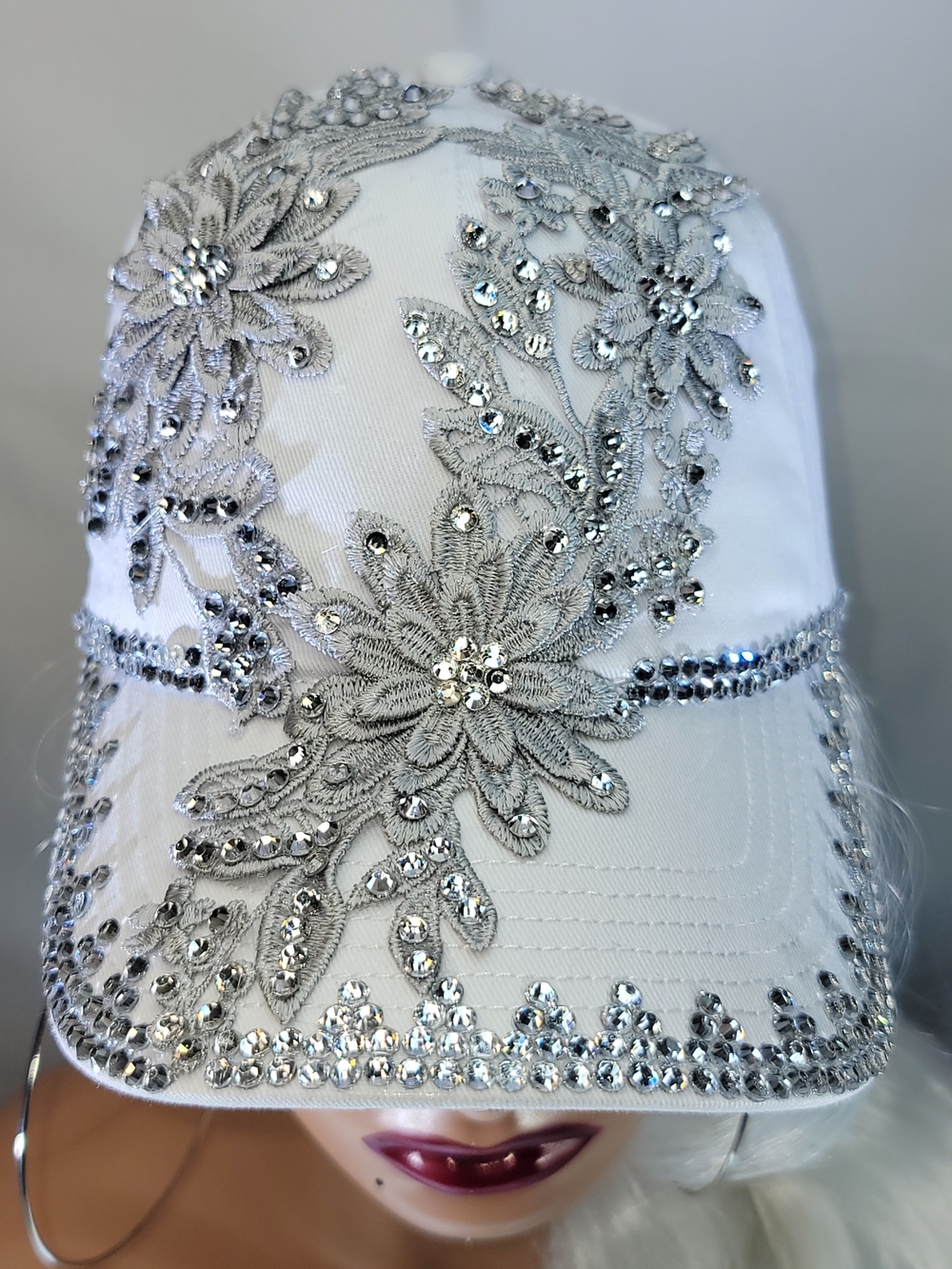 Embellished White Floral Rhinestone Baseball Cap - Picture 6 of 11